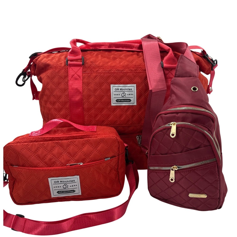 OR Mochilas 3 Piece Quilted Travel Set Red‎ Duffel Crossbody and Burgundy Sling